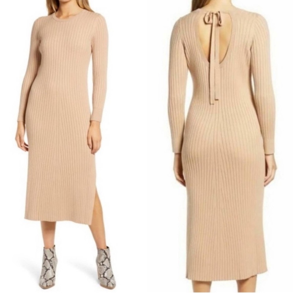 Wayf Dede & Emily camel knit midi dress NWT